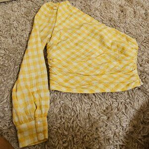 Zara linen one shoulder gingham blouse